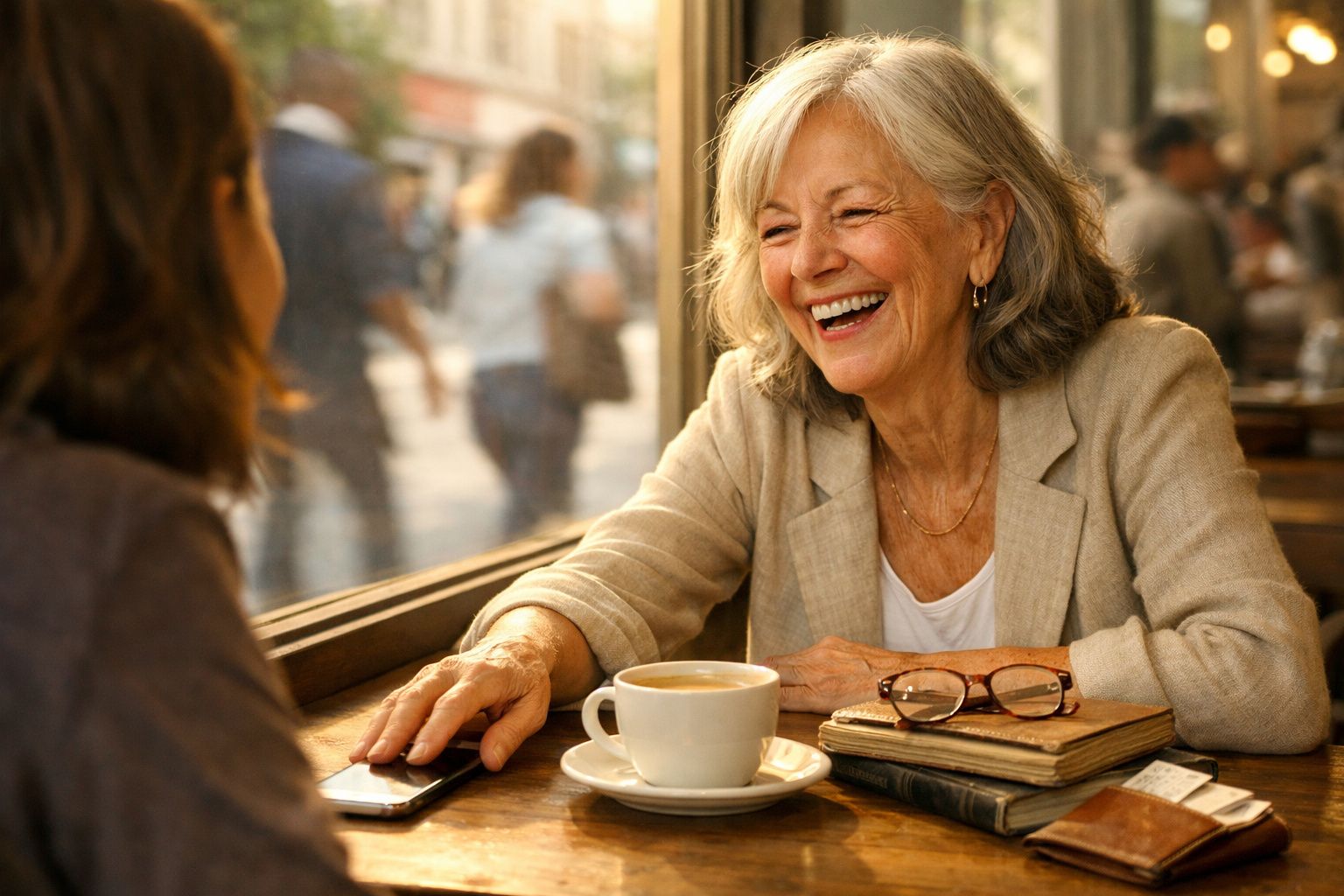 Mulher sénior sorridente sentada numa cafetaria com uma chávena de café, óculos e livros à sua frente.