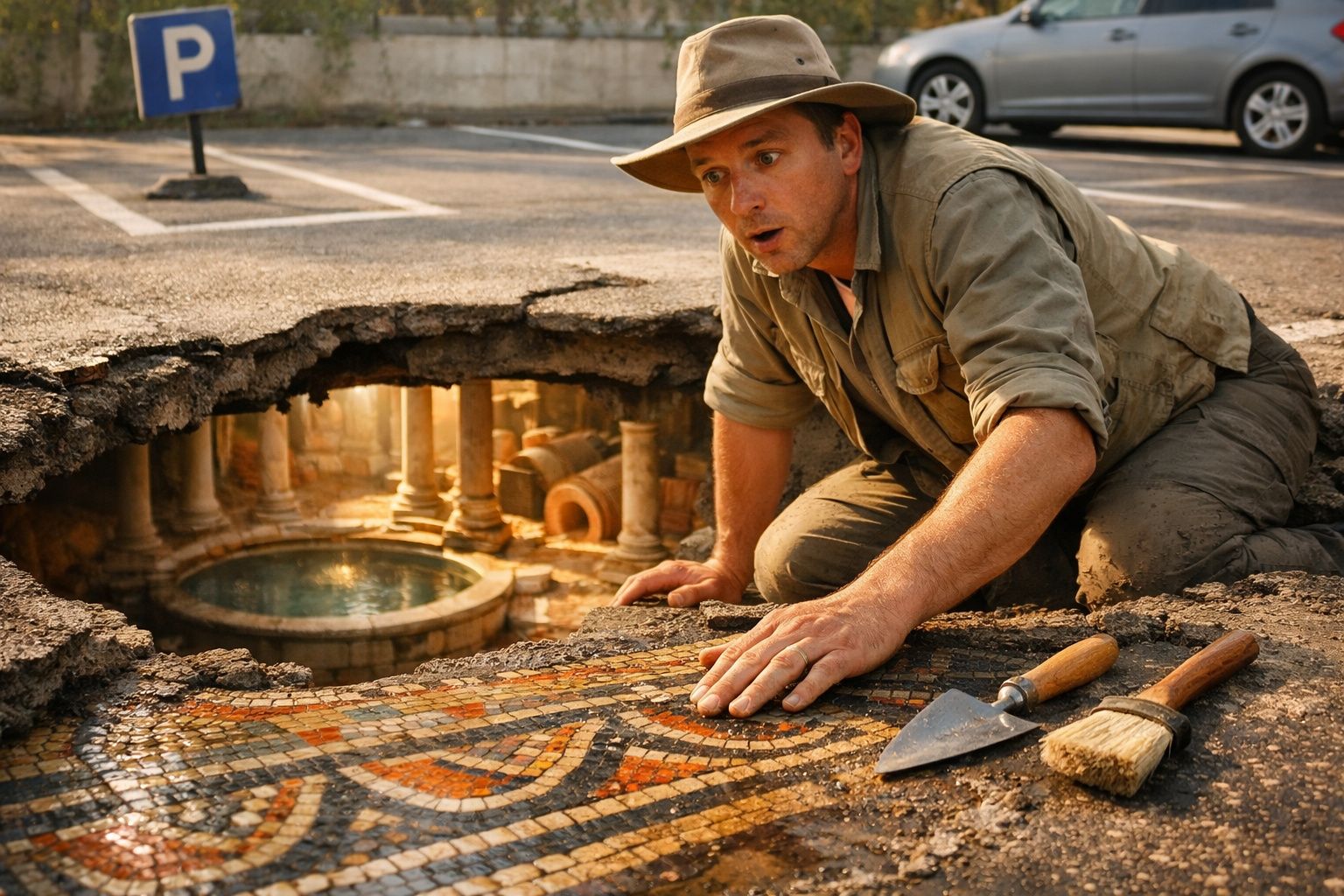 Homem com chapéu explora mosaico antigo numa rua com buraco que revela ruínas submersas.