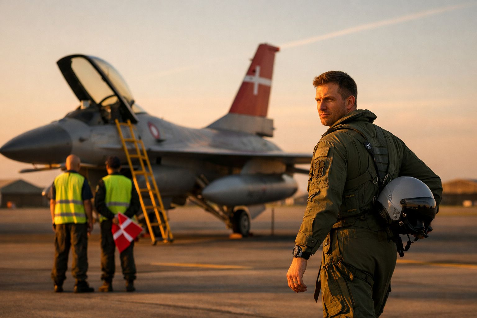 Piloto militar com fato de voo e capacete na mão, perto de caça estacionado ao pôr do sol.