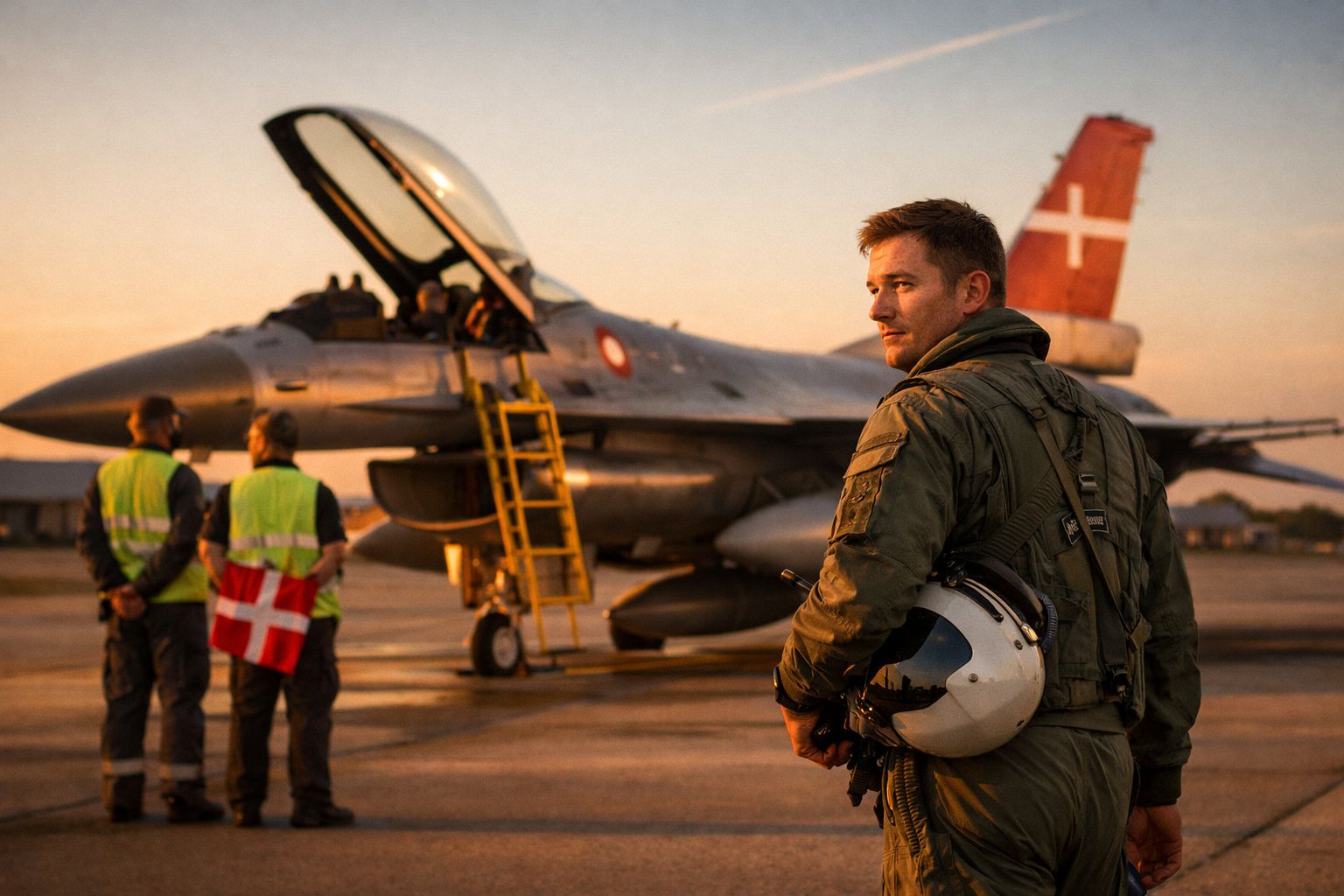 Piloto militar em fato verde com capacete na mão junto a caça F-16 com bandeira da Dinamarca.