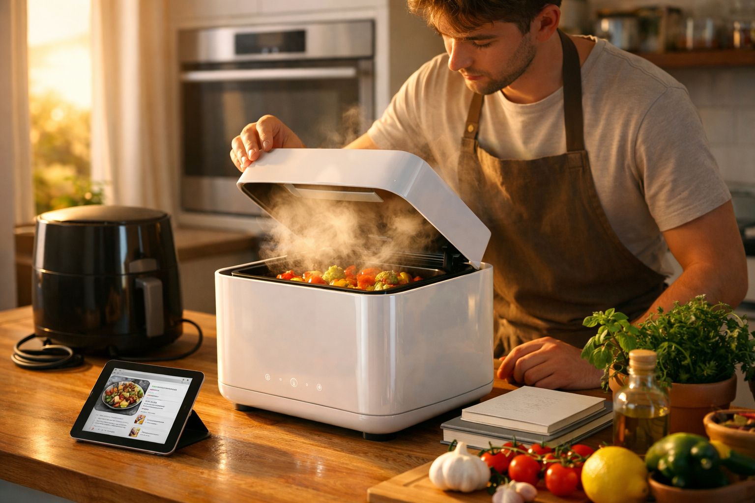 Homem a abrir uma panela elétrica branca com legumes cozinhando no interior, ao lado de tablet com receita.