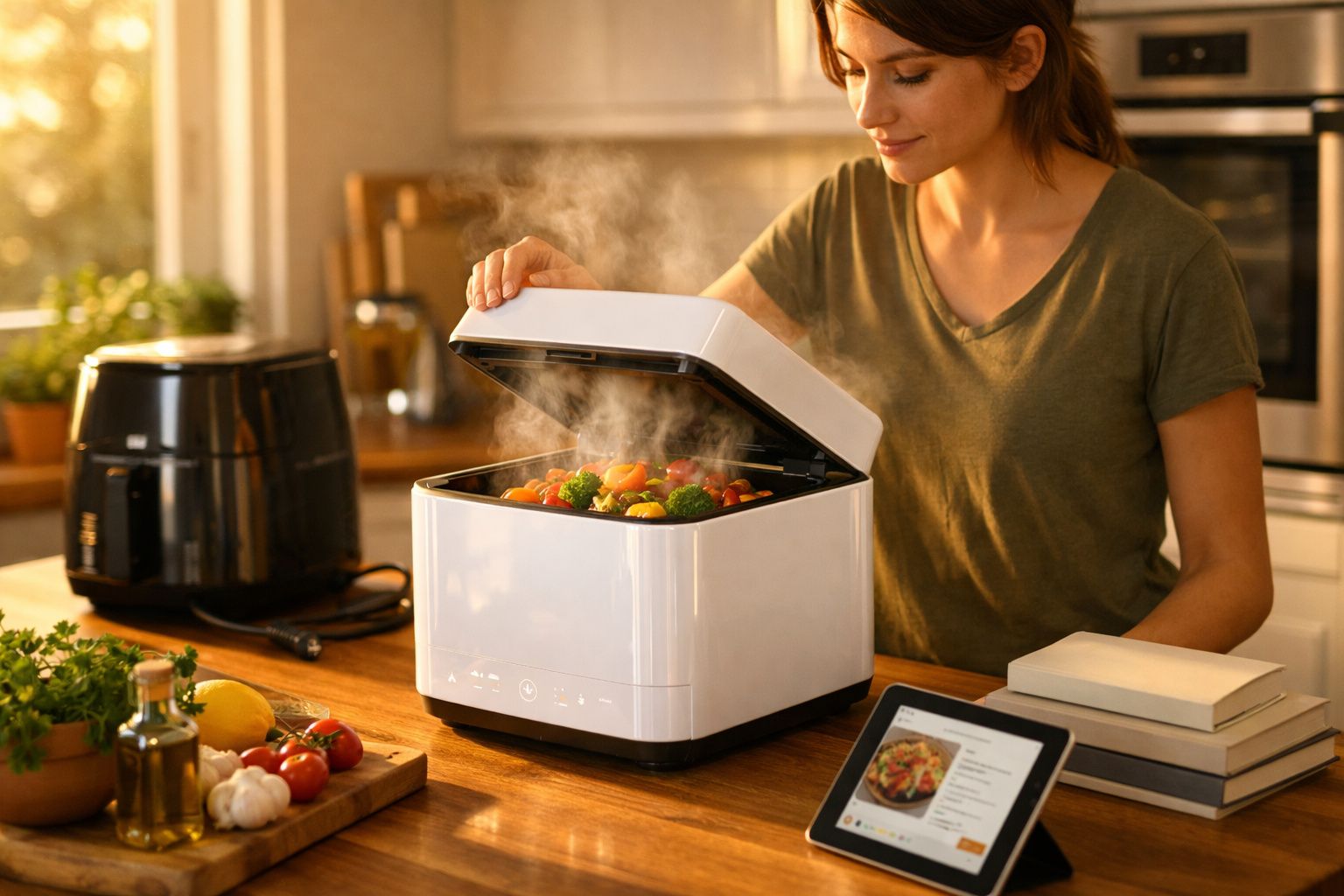 Mulher abre forno elétrico branco com legumes a cozinhar e vapor na cozinha moderna.