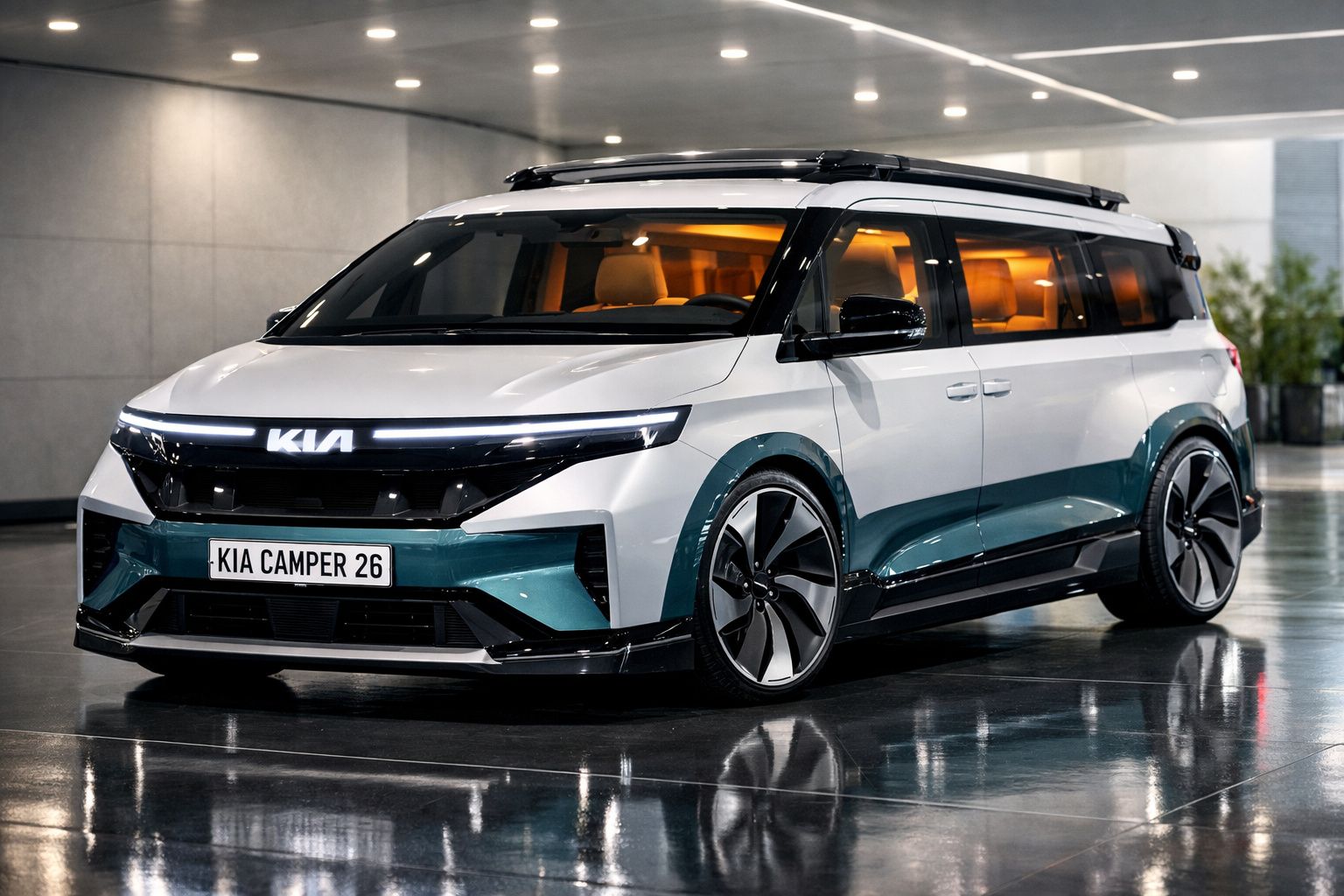 Veículo elétrico Kia Camper 26 branco com detalhes verdes, portas deslizantes e interior iluminado em tom laranja.