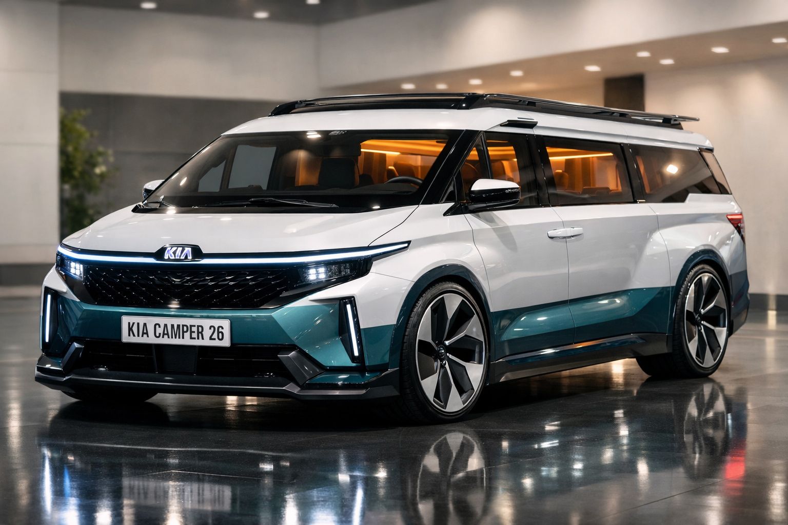 Veículo elétrico Kia Camper 26 branco e azul metálico estacionado em interior moderno.
