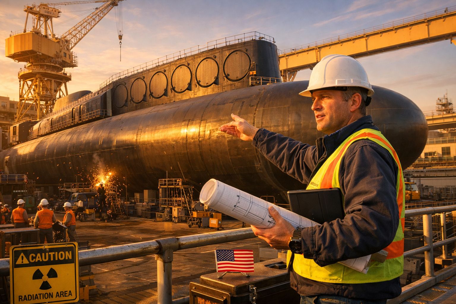 Homem com capacete e colete reflete à frente de submarino em estaleiro naval ao pôr do sol.