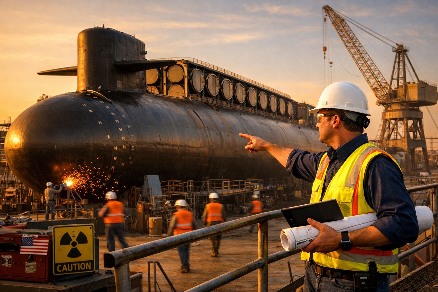 Engenheiro aponta para submarino em construção, enquanto operários trabalham num estaleiro ao pôr do sol.