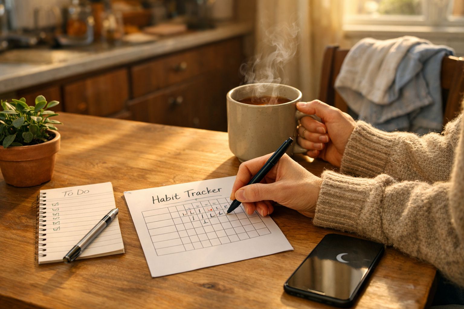Pessoa com camisola bege a preencher um gráfico de hábitos numa mesa de madeira com chá quente e notas.