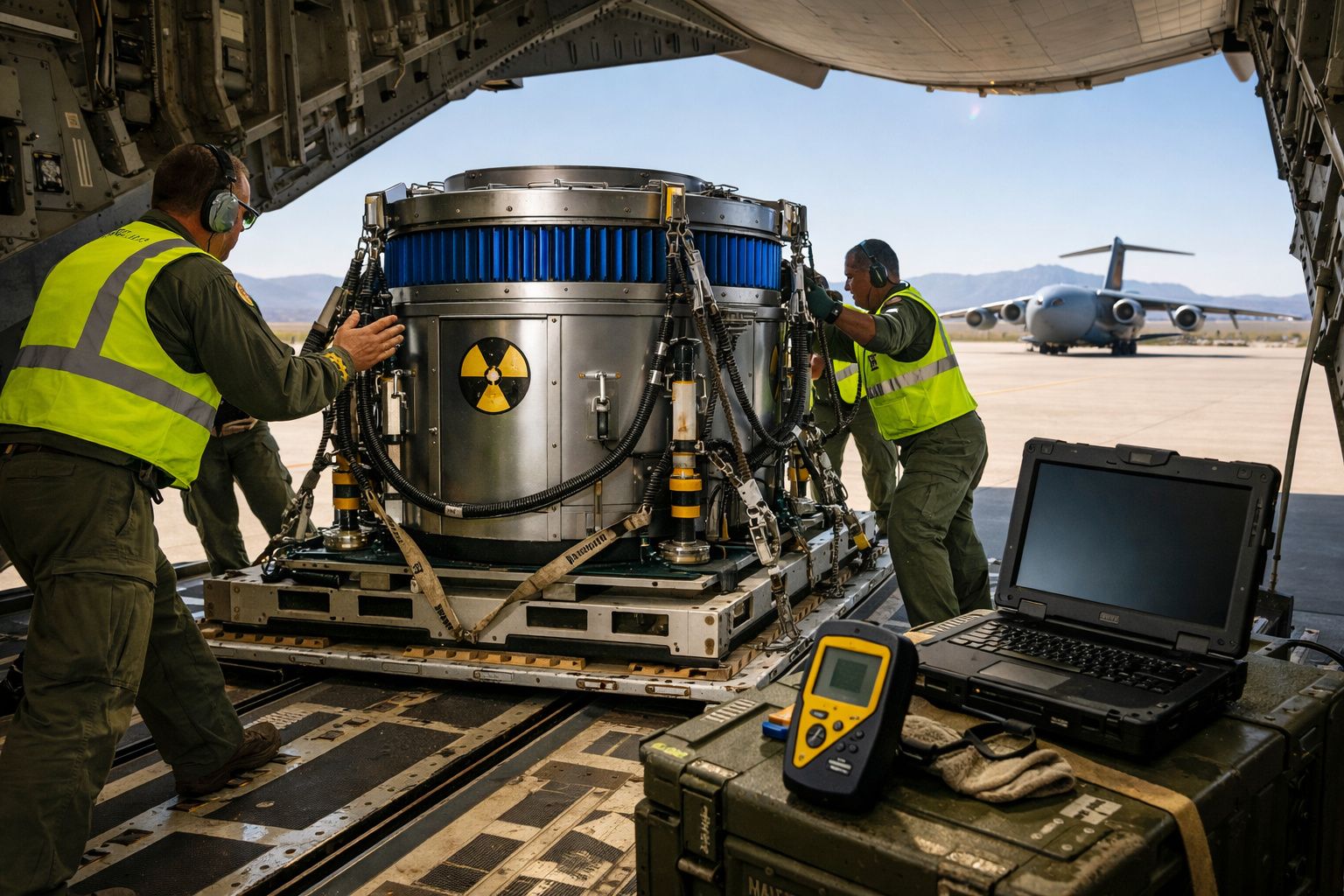 Dois homens com coletes refletores manipulam equipamento nuclear pesado dentro de avião militar, com outro avião ao fundo.