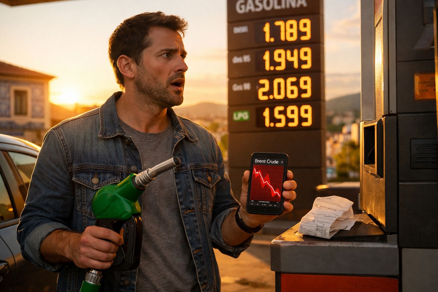 Homem surpreendido na bomba de gasolina com smartphone a mostrar gráfico em queda do Brent Crude.