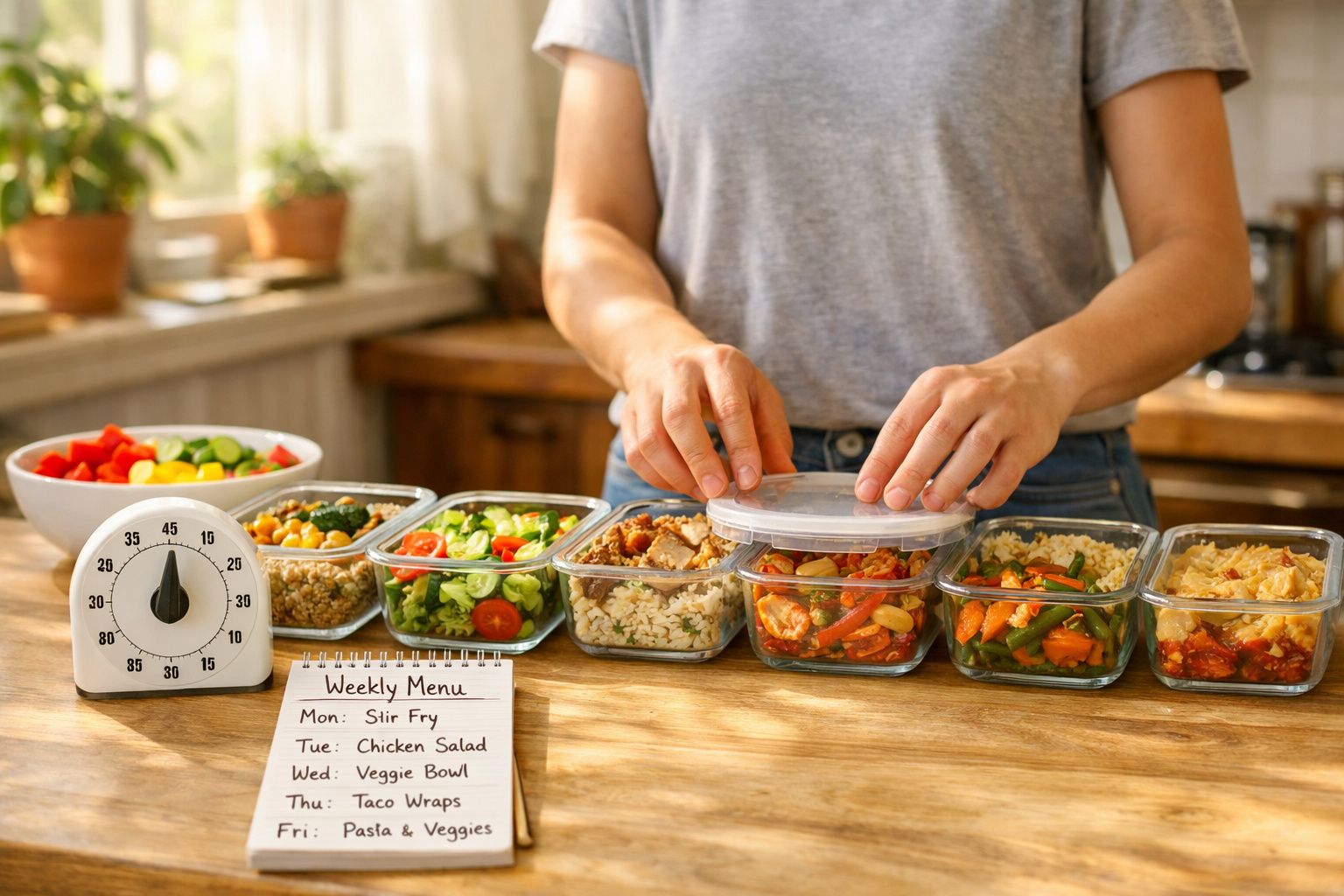 Mãos a fechar recipiente com refeições preparadas em caixas de vidro sobre mesa com lista semanal de menus.