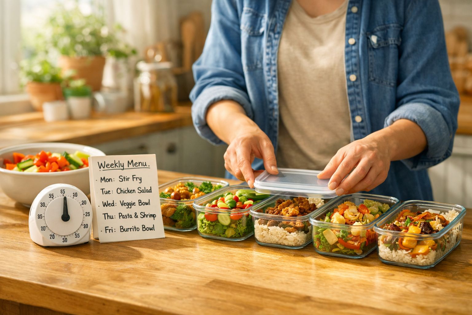 Pessoa a fechar recipientes de comida saudável e colorida na cozinha com plano semanal de refeições ao lado.