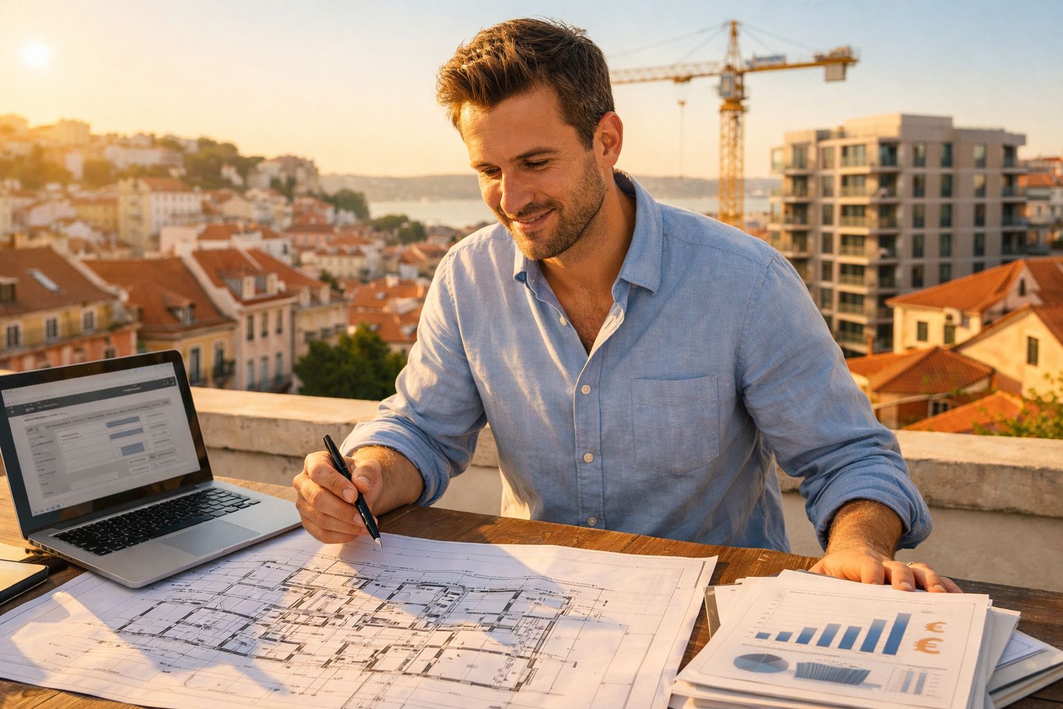 Homem a trabalhar em planta arquitetónica numa mesa ao ar livre com laptop e gráficos, cidade ao fundo.