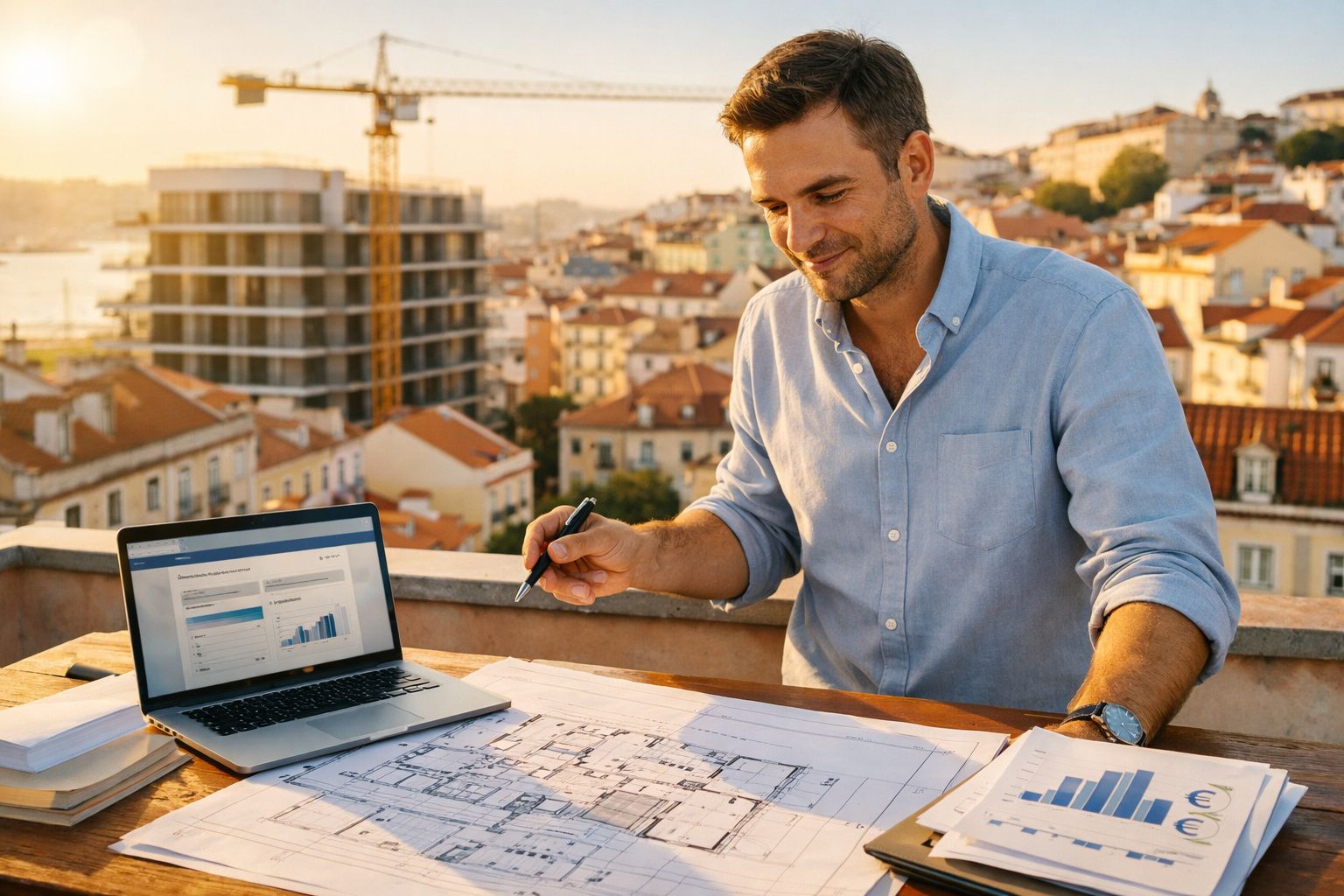Homem a analisar plantas arquitetónicas e gráficos numa esplanada com vista para uma cidade.