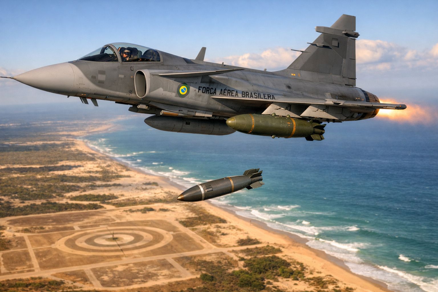 Caça militar da Força Aérea Brasileira em voo sobre a costa com bombas a serem lançadas.