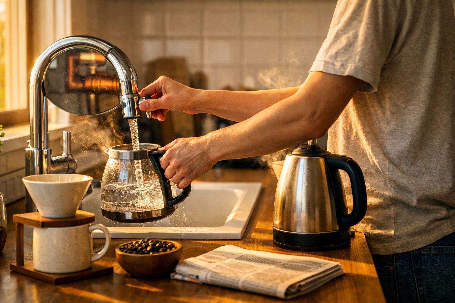 Pessoa a encher jarro de vidro com água quente numa cozinha iluminada pela luz natural.