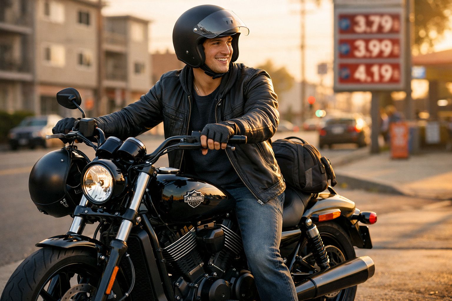 Homem sorridente com capacete e jaqueta preta sentado numa mota preta numa rua ao pôr do sol.