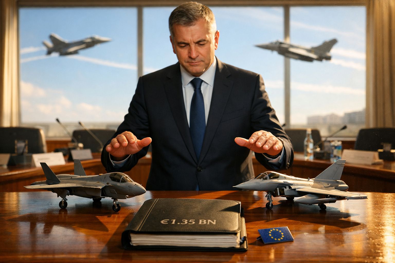 Homem de fato sentado à mesa com modelos de aviões militares e livro grande com €1,35 bi numa sala oficial.