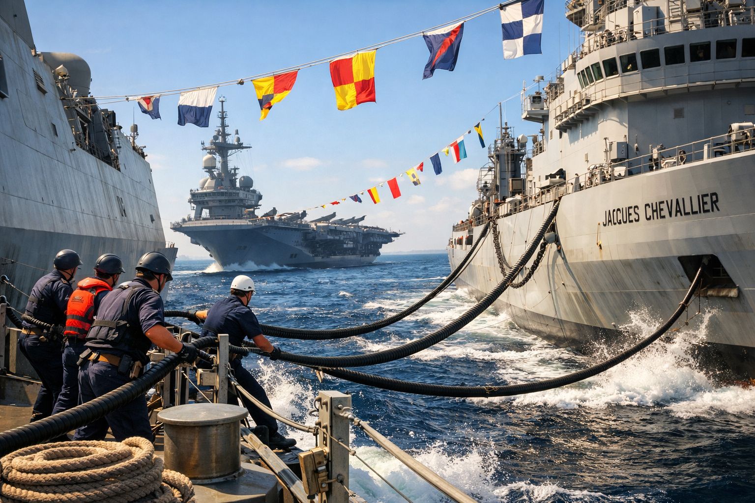 Marinheiros a bordo seguram cabos entre dois navios de guerra, com um porta-aviões ao fundo e bandeiras coloridas no ar.