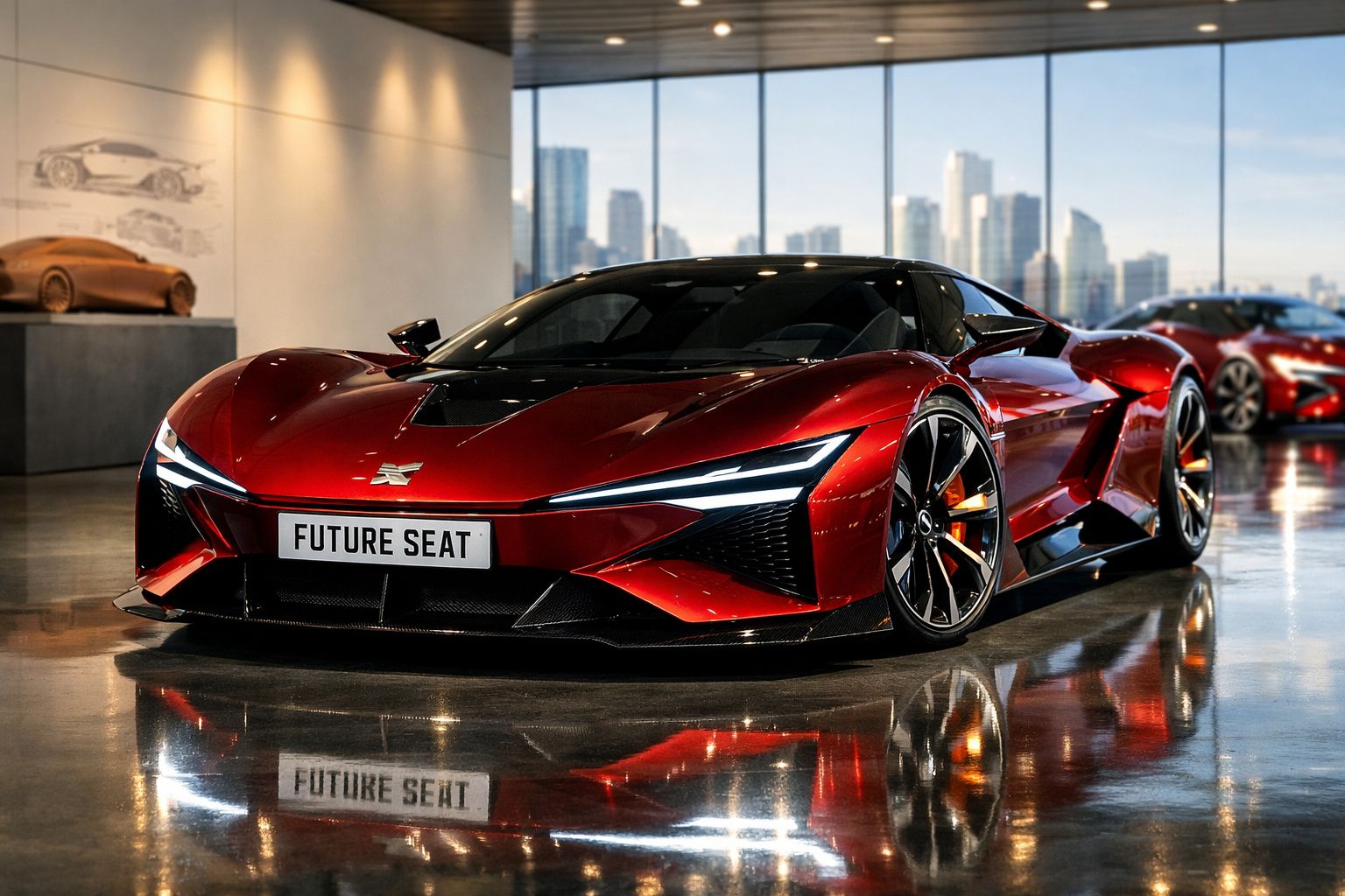 Carro desportivo vermelho brilhante futuro Seat em exposição numa sala moderna com fundo urbano.