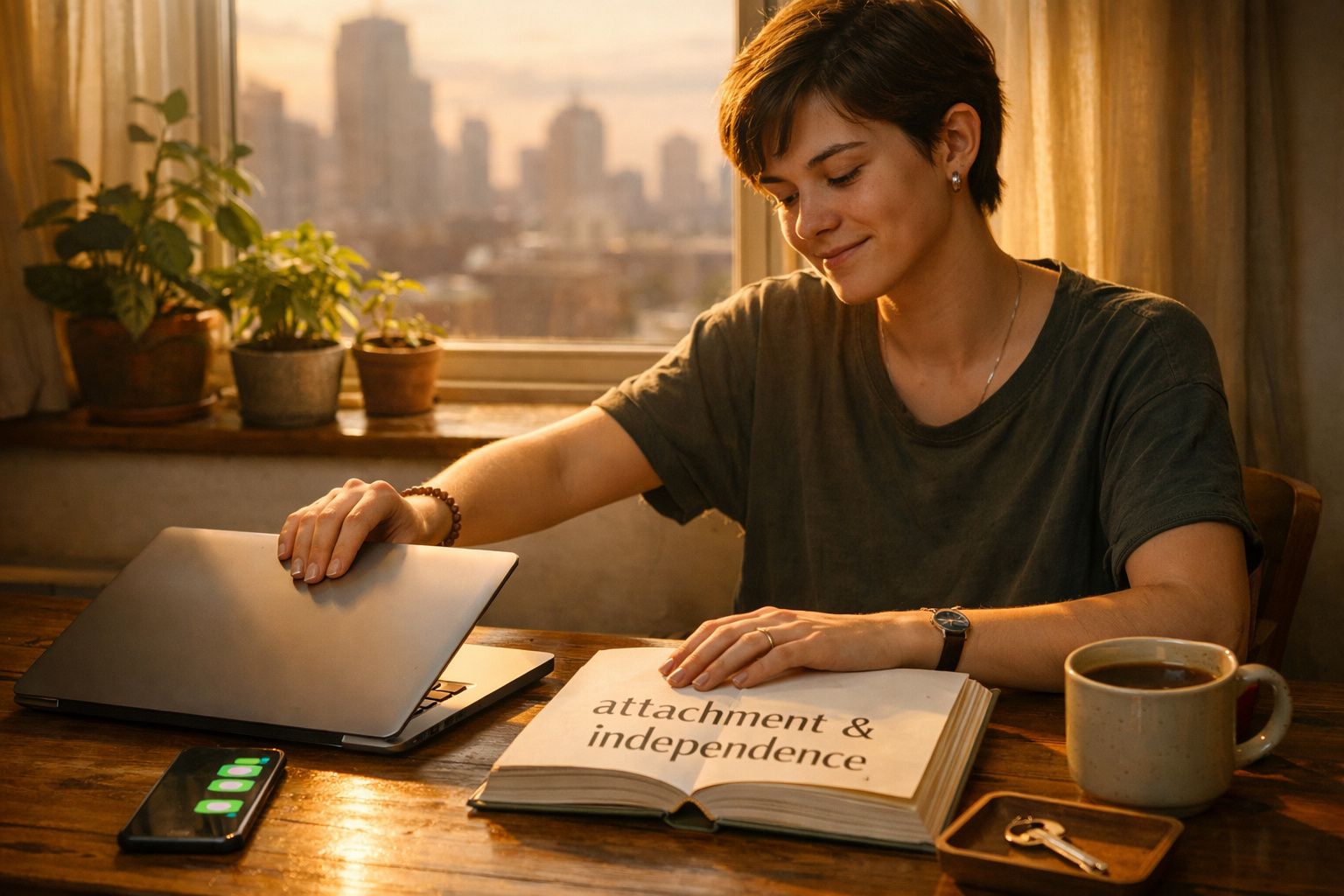 Mulher a sorrir fecha portátil enquanto lê livro com texto "attachment & independence", ao lado de chávena e plantas.
