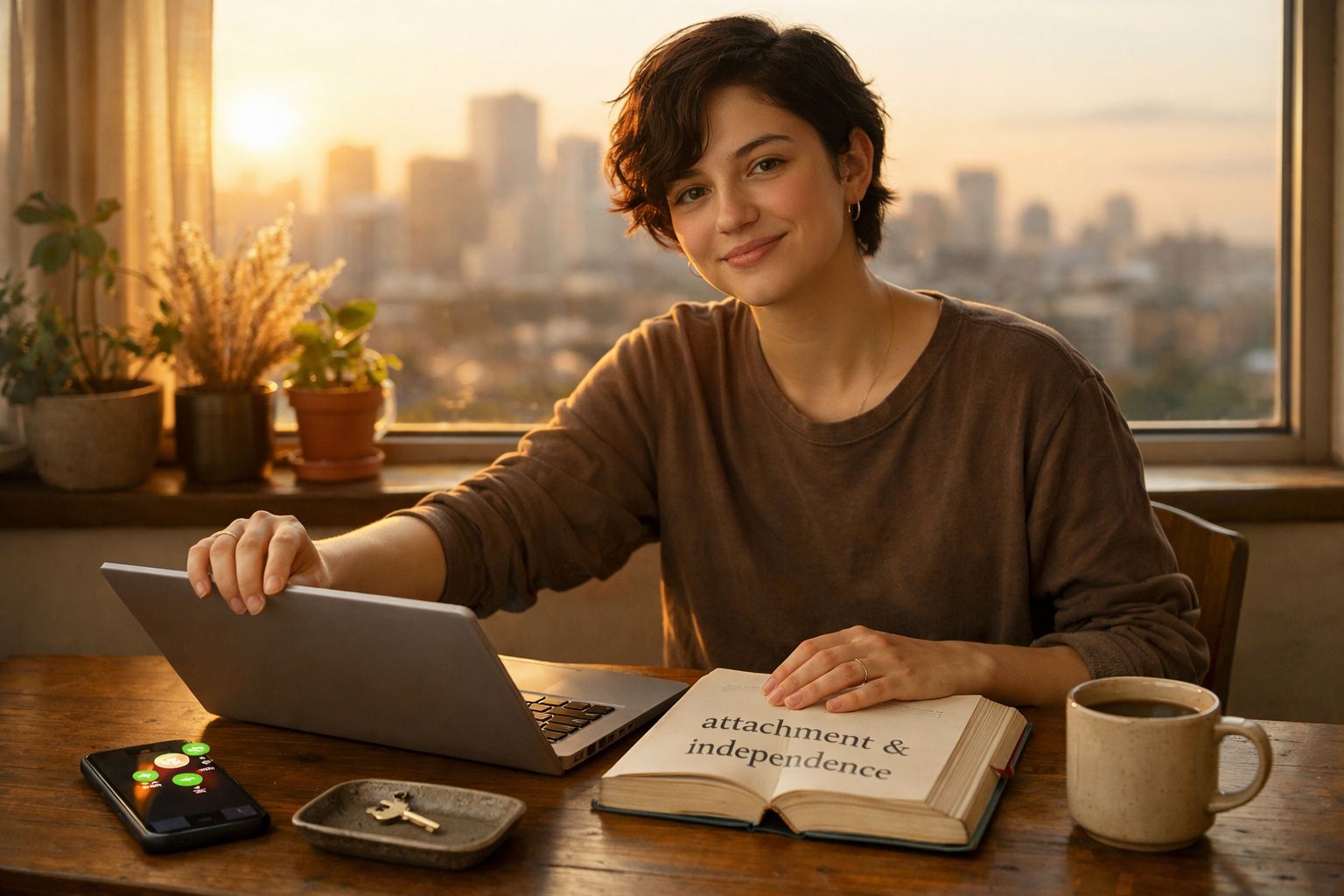 Jovem sorridente com computador, livro aberto e chá numa mesa junto a uma janela com vista para a cidade ao pôr do sol.