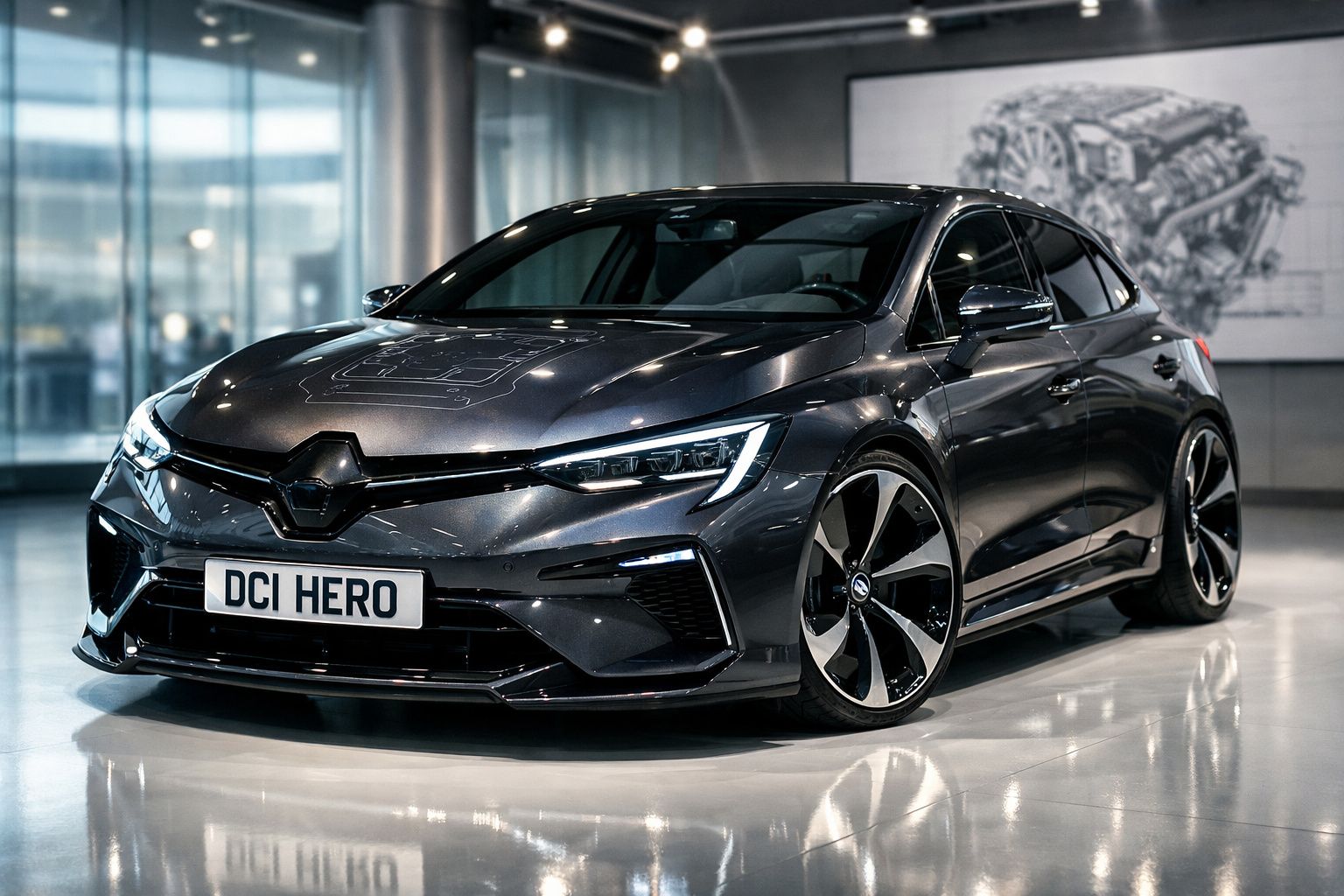 Carro desportivo cinza escuro com faróis LED e jantes grandes exposto em showroom moderno.