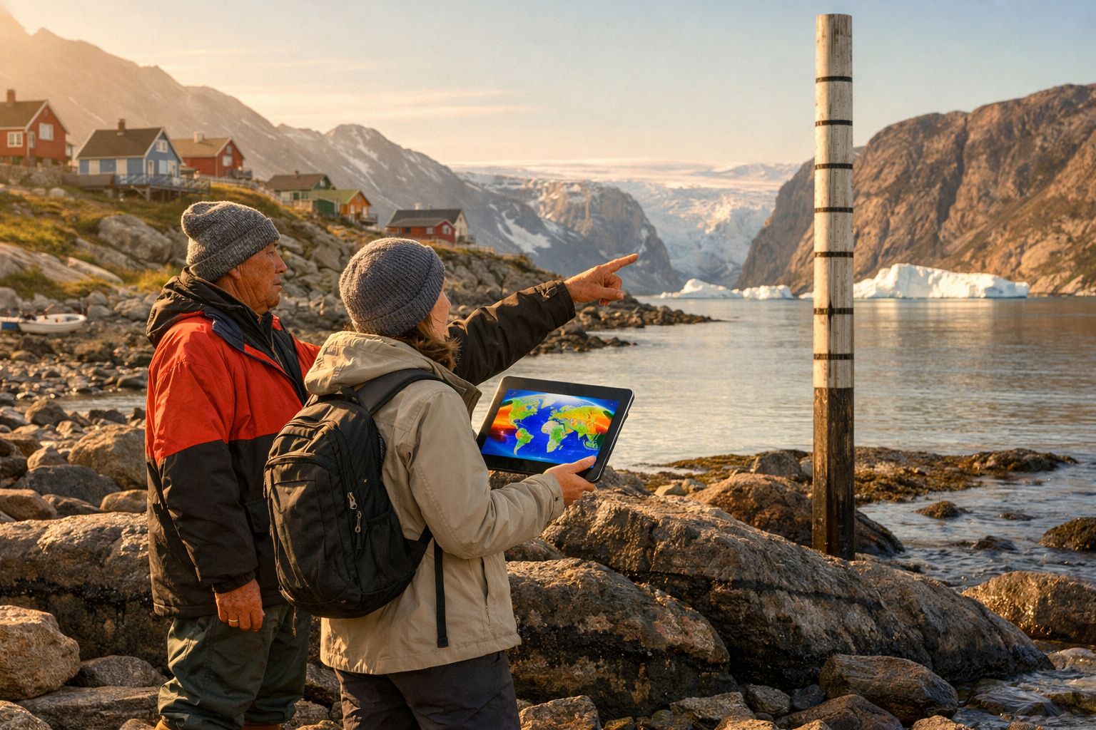 Duas pessoas com casacos e gorros observam um fiorde com icebergues, uma delas segura um tablet com mapa do mundo.