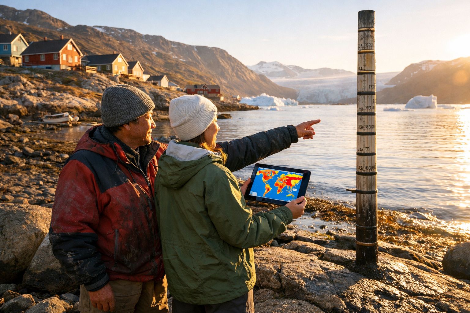 Duas pessoas em roupa quente analisam dados climáticos numa tablet junto ao rio com montanhas e casas ao fundo.