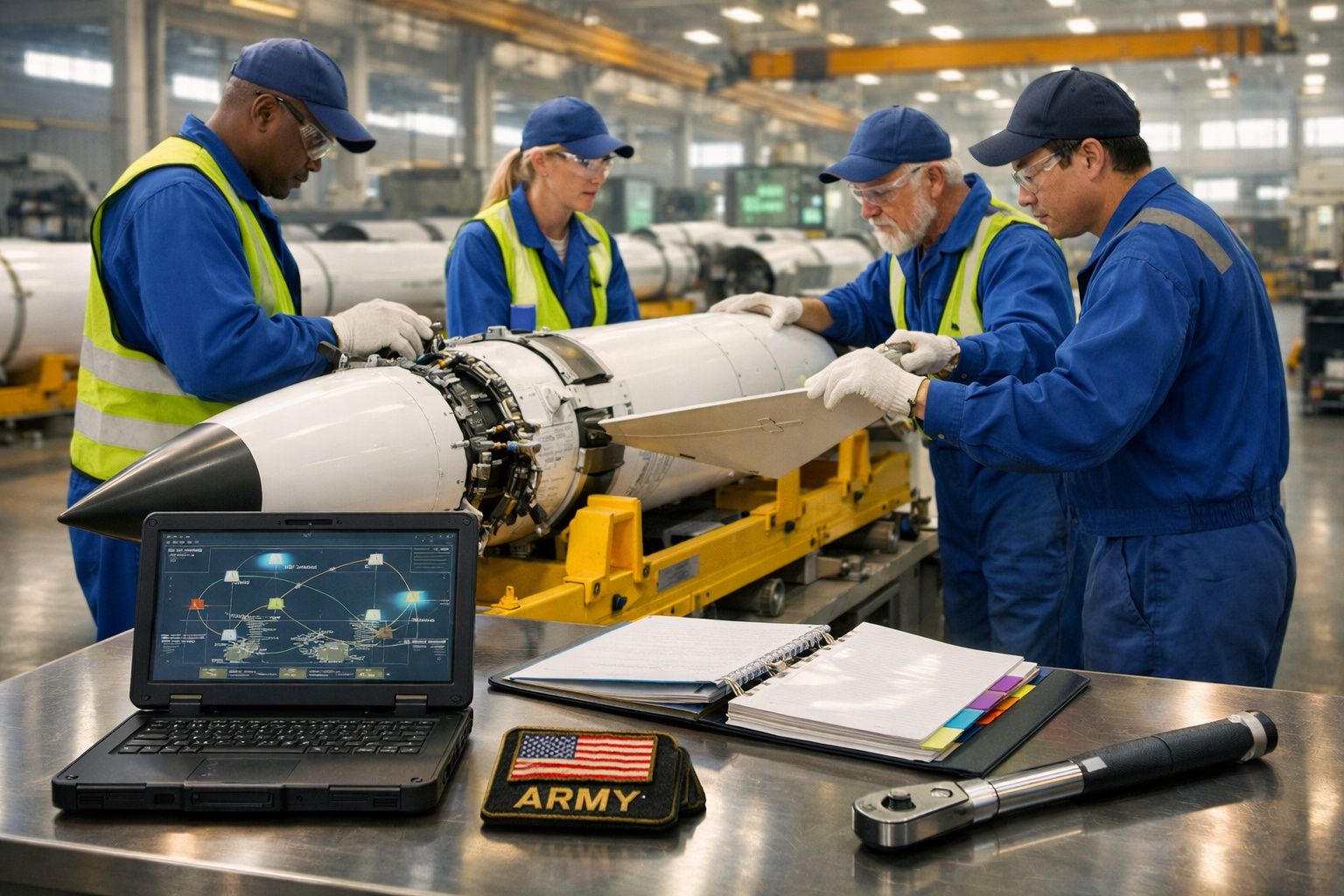 Quatro engenheiros militares trabalham na montagem de um míssil numa fábrica com equipamento técnico e computador.