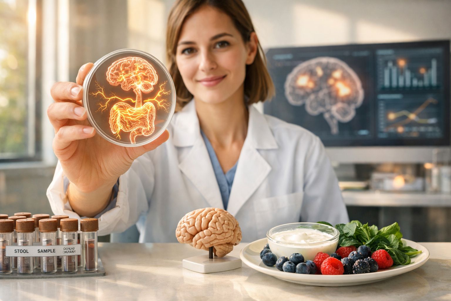 Cientista segura placa com ilustração do cérebro ligado ao sistema digestivo em laboratório.