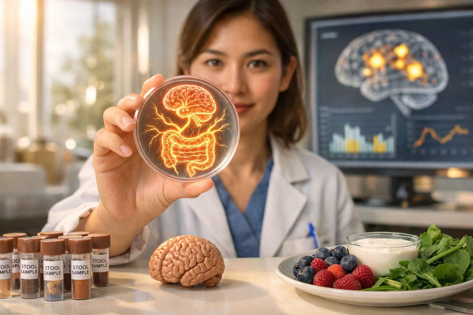 Cientista com bata branca segura placa de petri com ilustração do cérebro e intestinos iluminados.