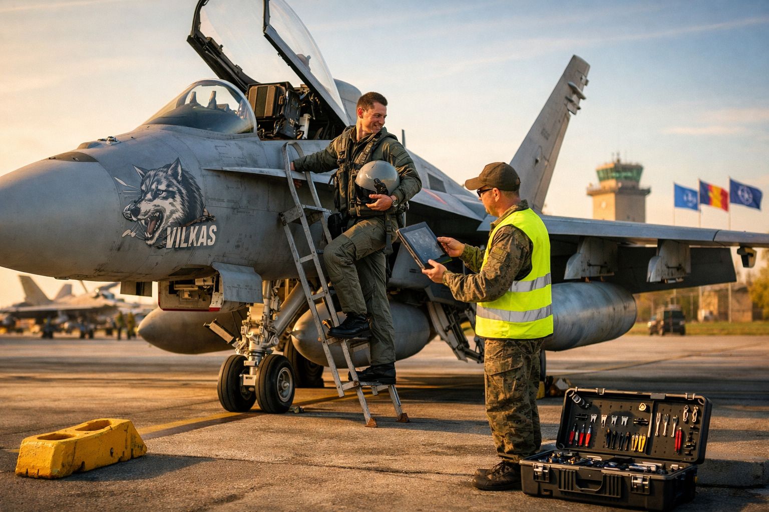 Piloto militar a sair de caça e técnico em terra a consultar tablet no aeroporto com ferramentas.