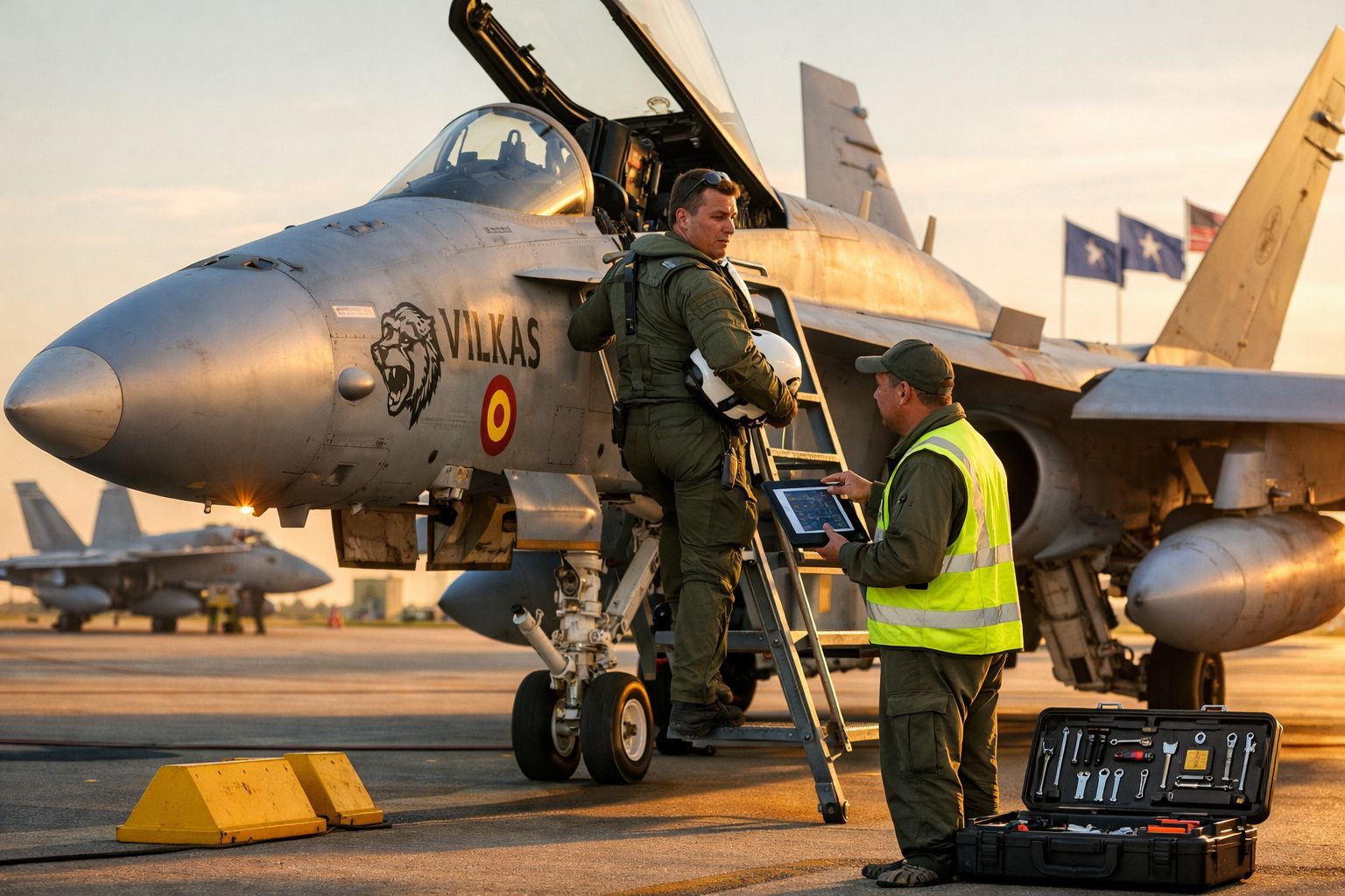 Piloto em fato verde sobe escada para entrar em jato militar cinzento com técnico de colete amarelo a consultar tablet.
