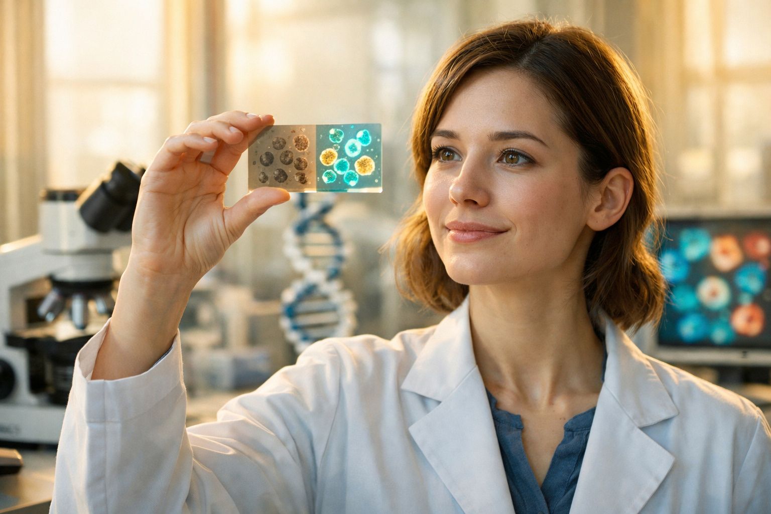 Cientista com bata branca observa lâmina com amostras ao microscópio numa sala de laboratório.