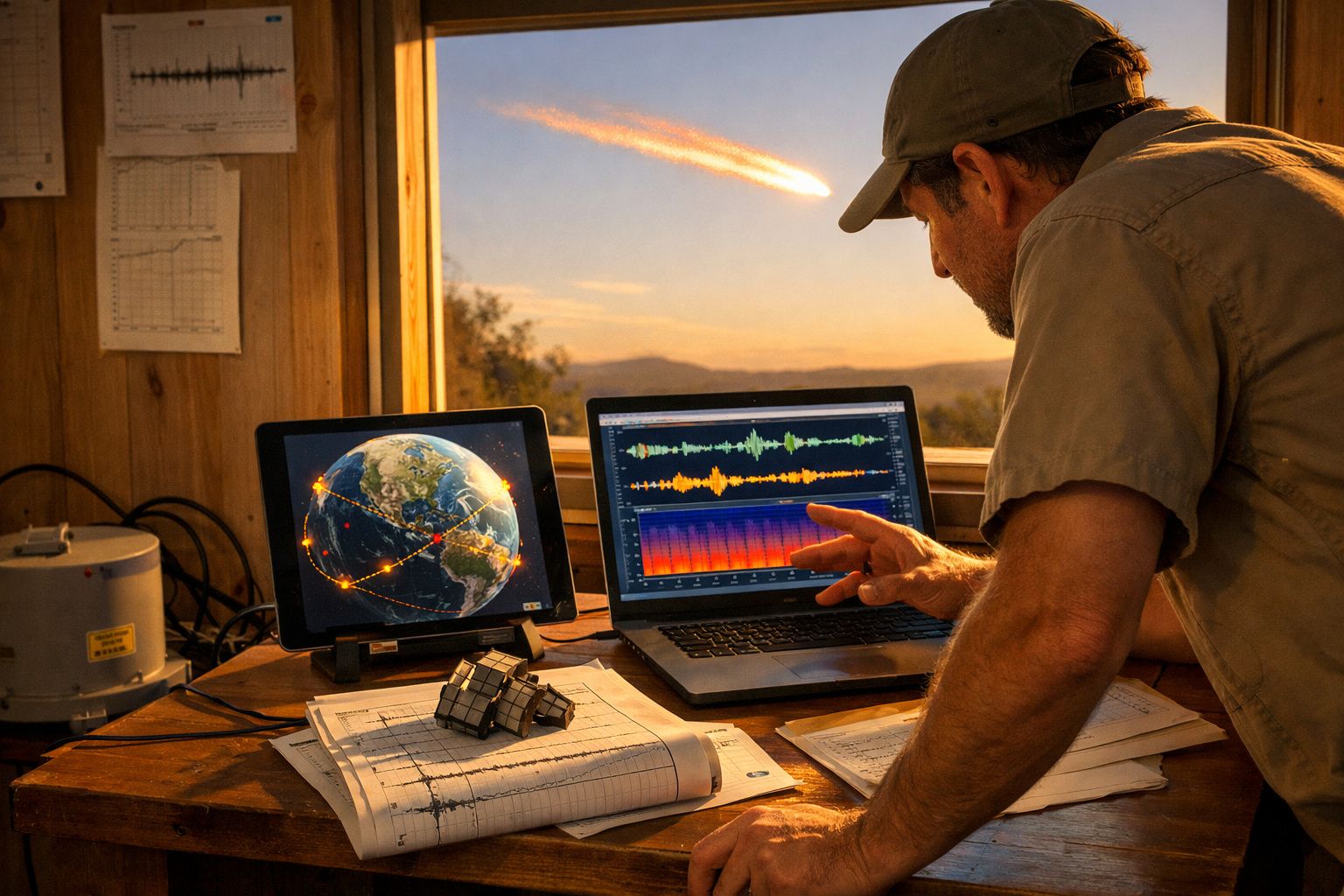 Homem analisa dados sísmicos em computador e tablet com imagem do globo, enquanto meteorito passa no céu.
