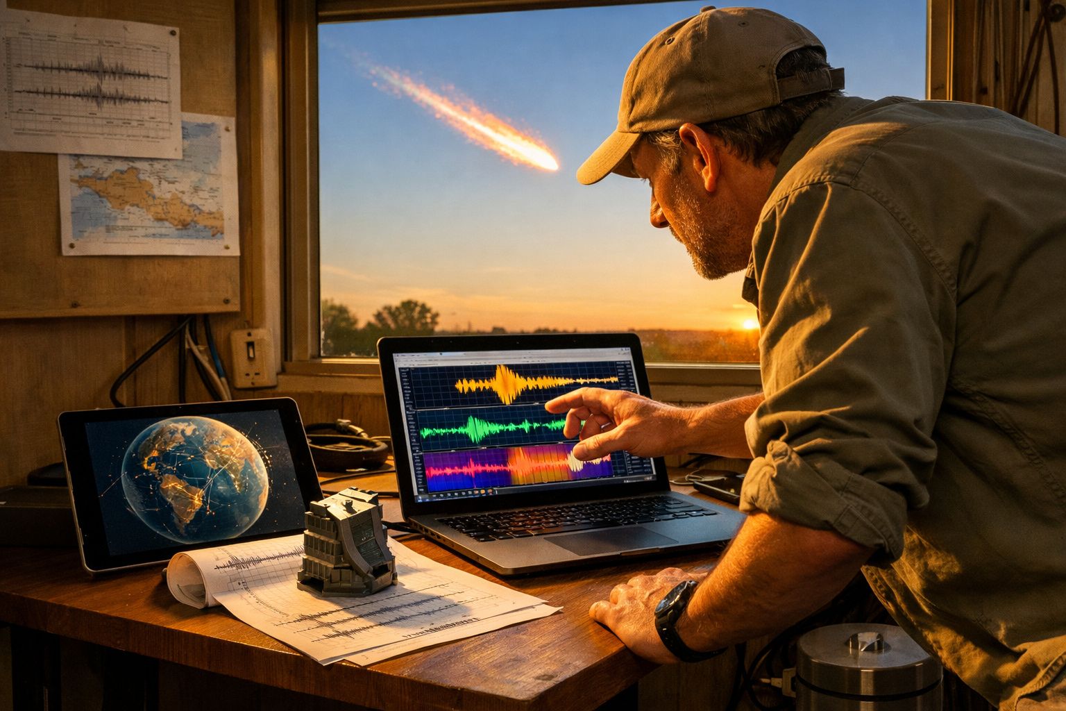 Homem analisa dados sísmicos no computador com um meteorito brilhante a aproximar-se pela janela ao pôr do sol.