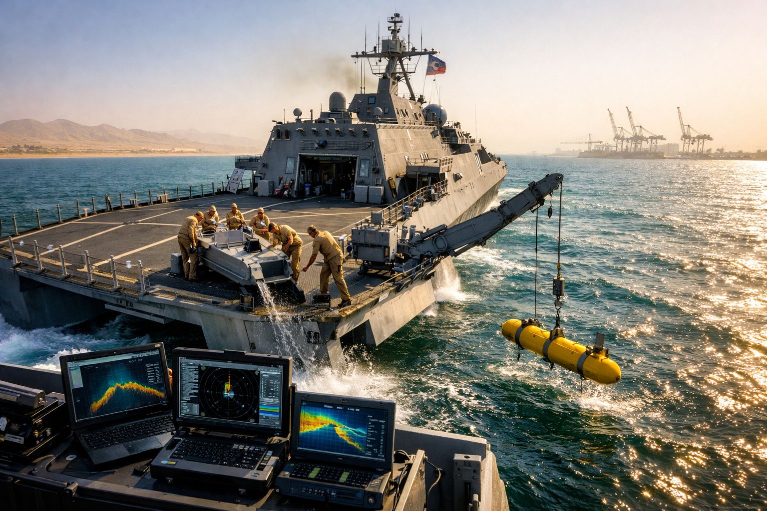 Marinha lança dróide subaquático amarelo ao mar enquanto técnicos coordenam operação em laptops.