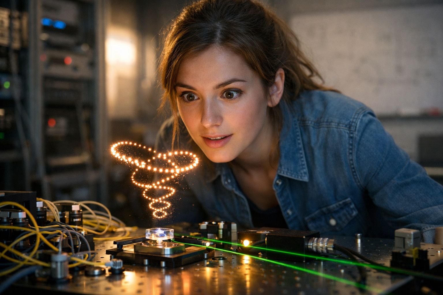 Mulher observa fascinada uma espiral luminosa flutuante sobre equipamento tecnológico com lasers verdes.