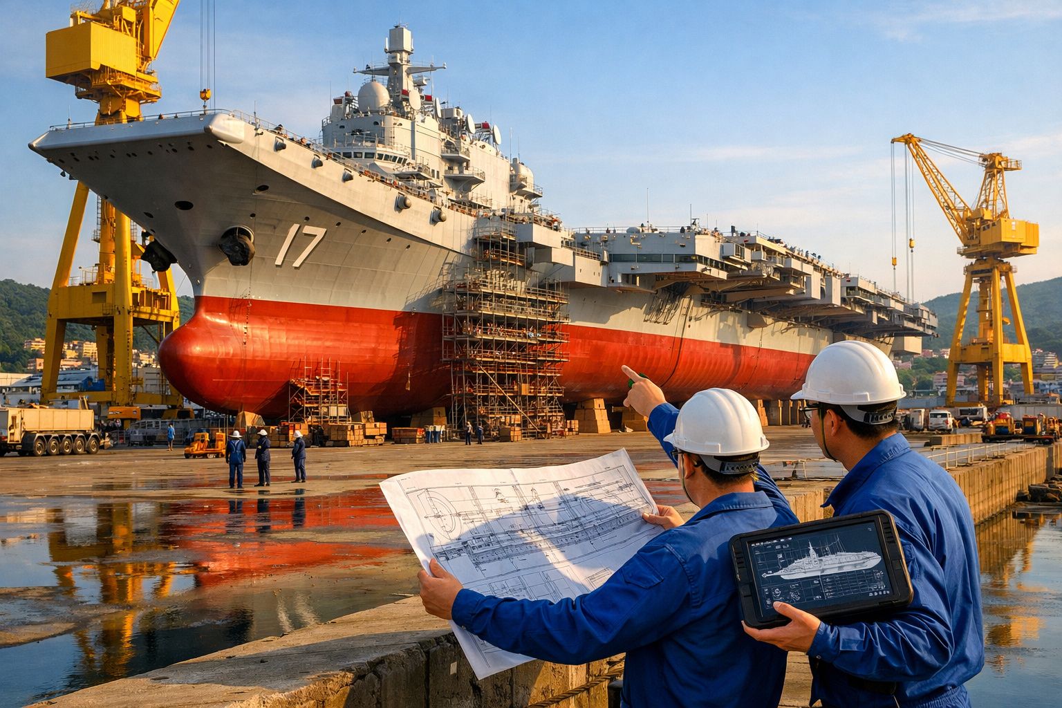 Dois engenheiros com capacetes a analisar plantas de um porta-aviões em estaleiro naval.