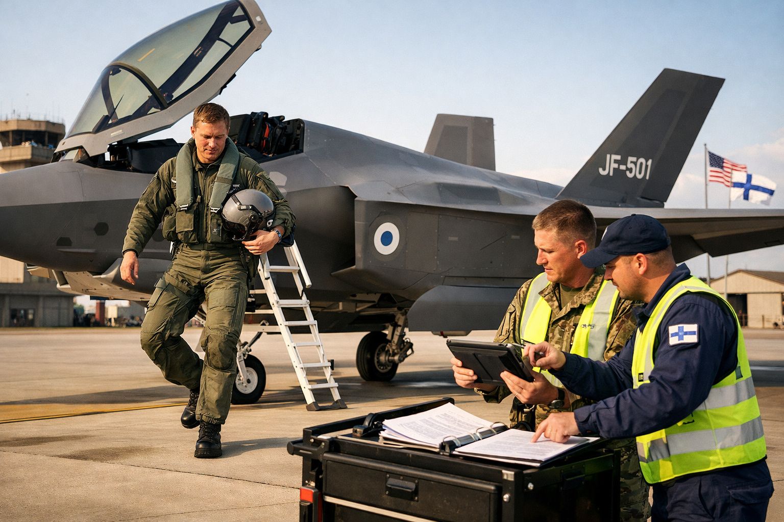 Piloto militar sai de caça JF-501 enquanto dois técnicos conferem documentos em pista de aeroporto.