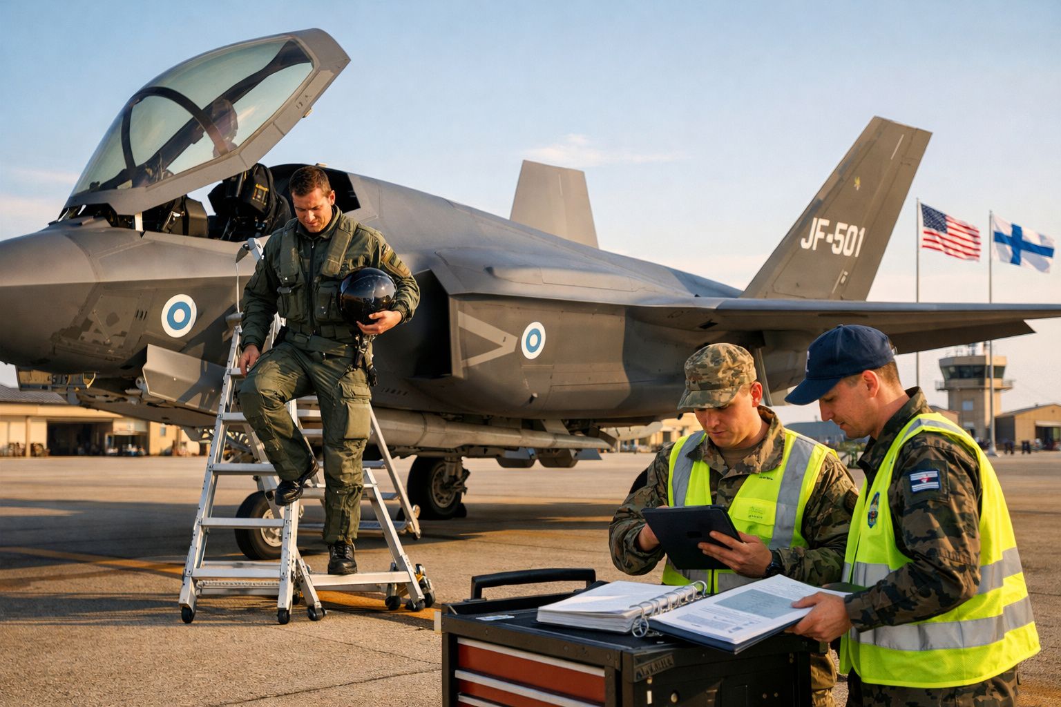 Piloto em fato de voo desce de caça militar na pista, enquanto dois militares consultam documentos junto a uma mesa.