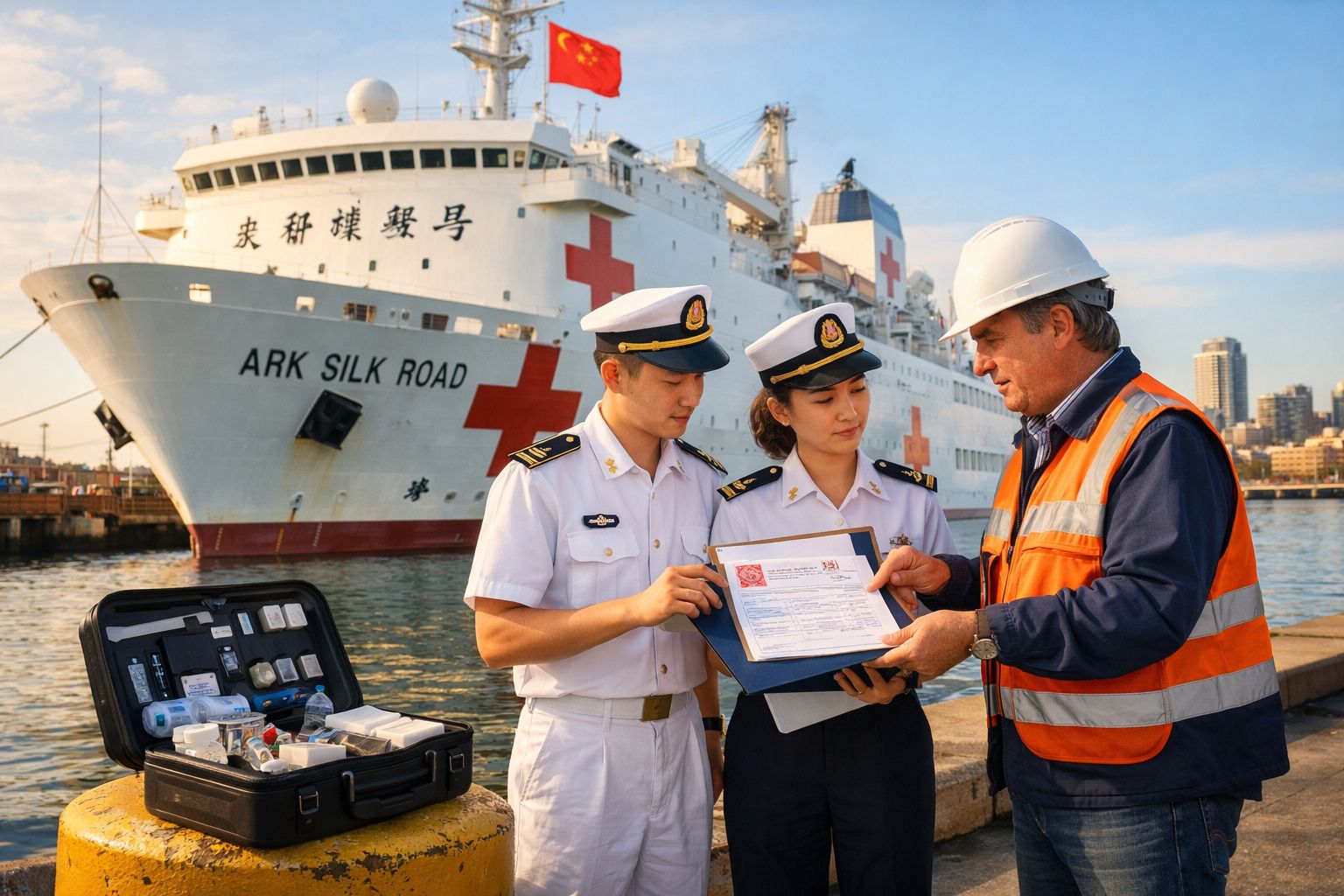 Dois oficiais navais em uniforme branco recebem documentos de um trabalhador portuário junto a um navio hospital no cais.