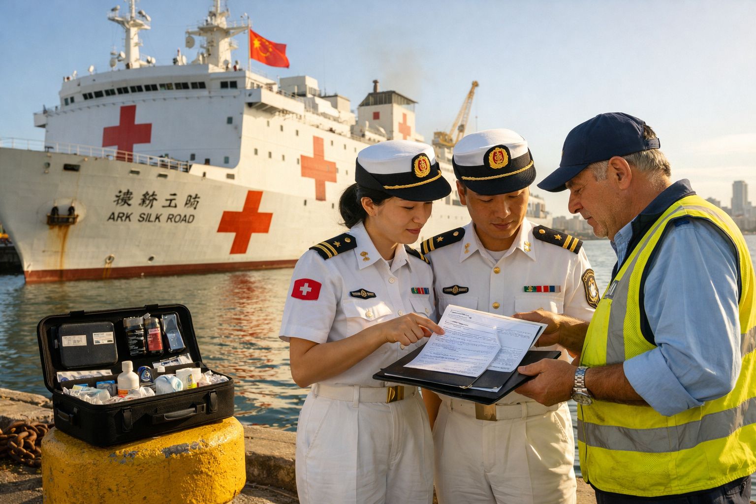 Dois oficiais navais chineses em uniforme consultam documentos com um trabalhador no cais junto a um navio hospital.