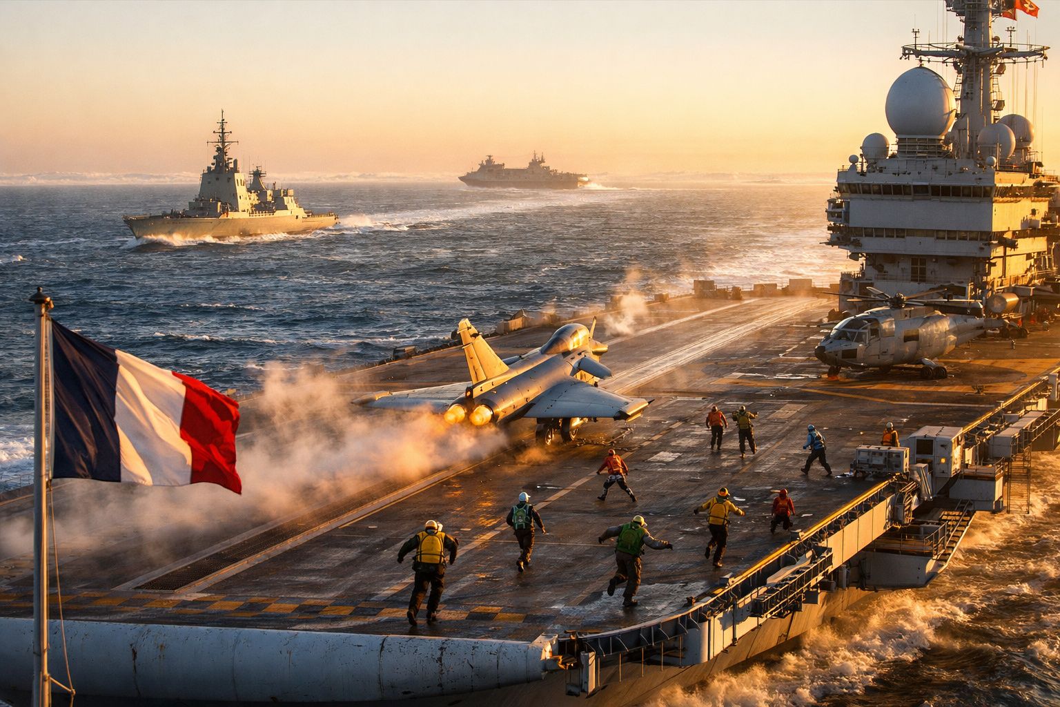 Porta-aviões francês ao pôr do sol com caça ajetando no convés e pessoal militar em ação.