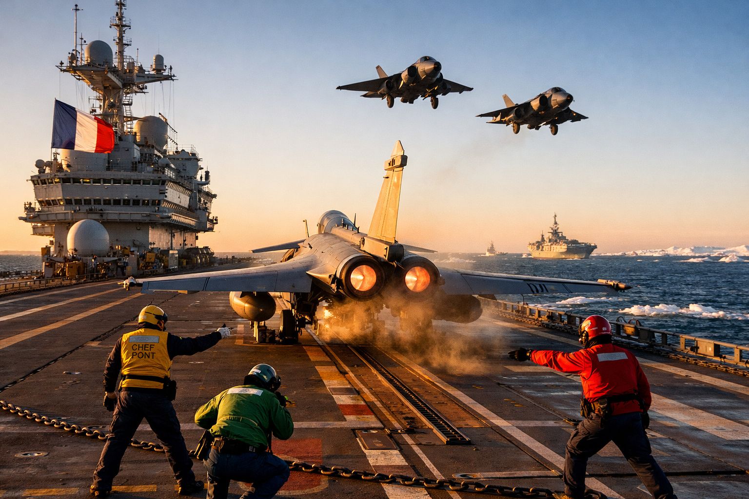 Porta-aviões francês com caças a descolar e tripulantes a operarem na pista ao pôr do sol.