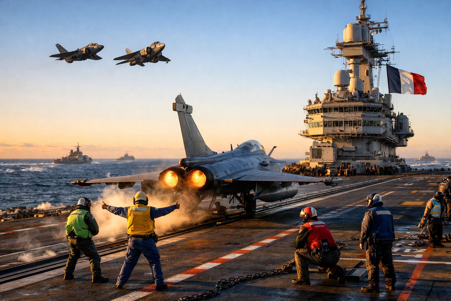 Jatos militares franceses a bordo de porta-aviões, com tripulação em ação durante descolagem ao pôr do sol.