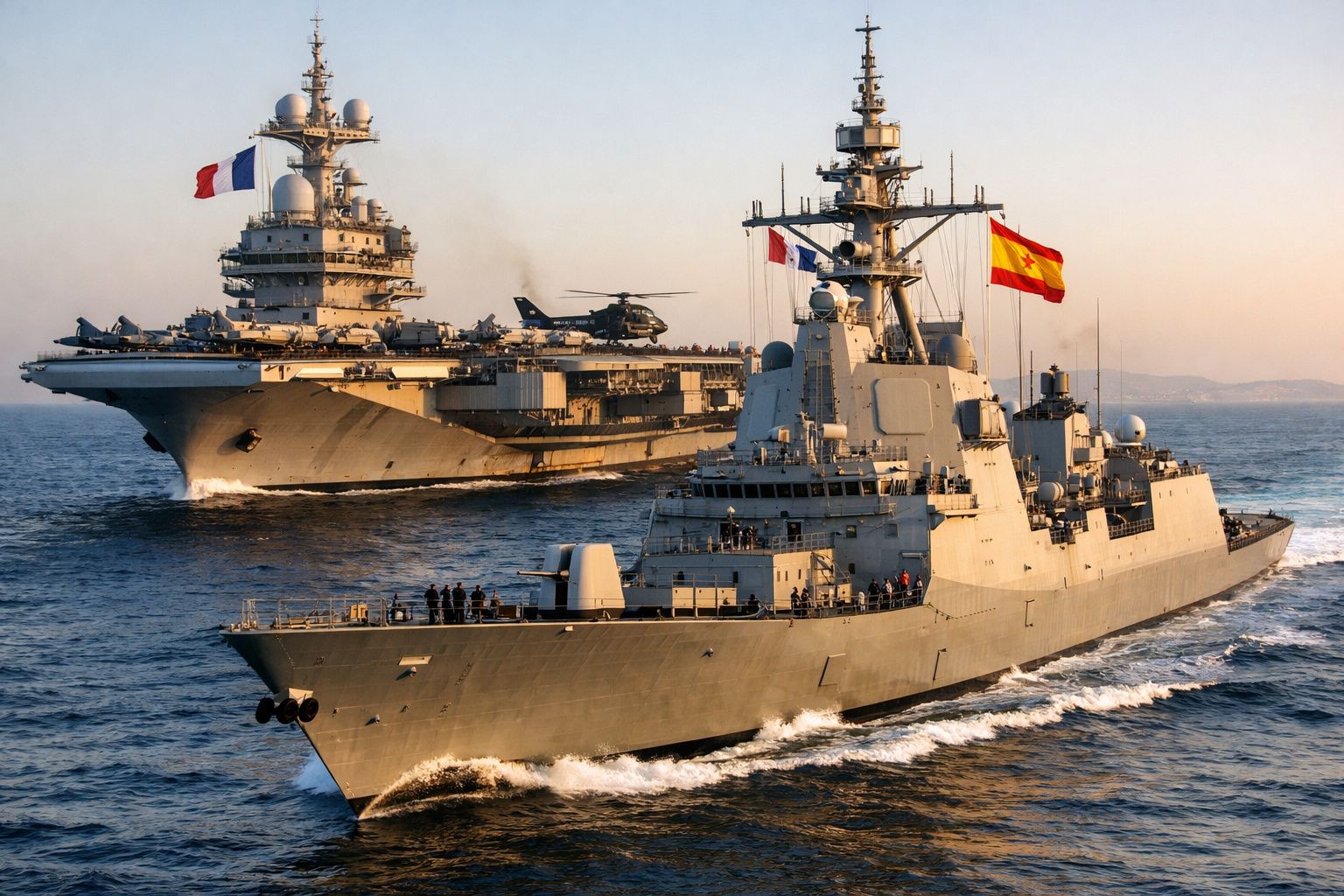 Dois navios militares no mar, um com bandeira francesa e outro com bandeira espanhola ao pôr do sol.