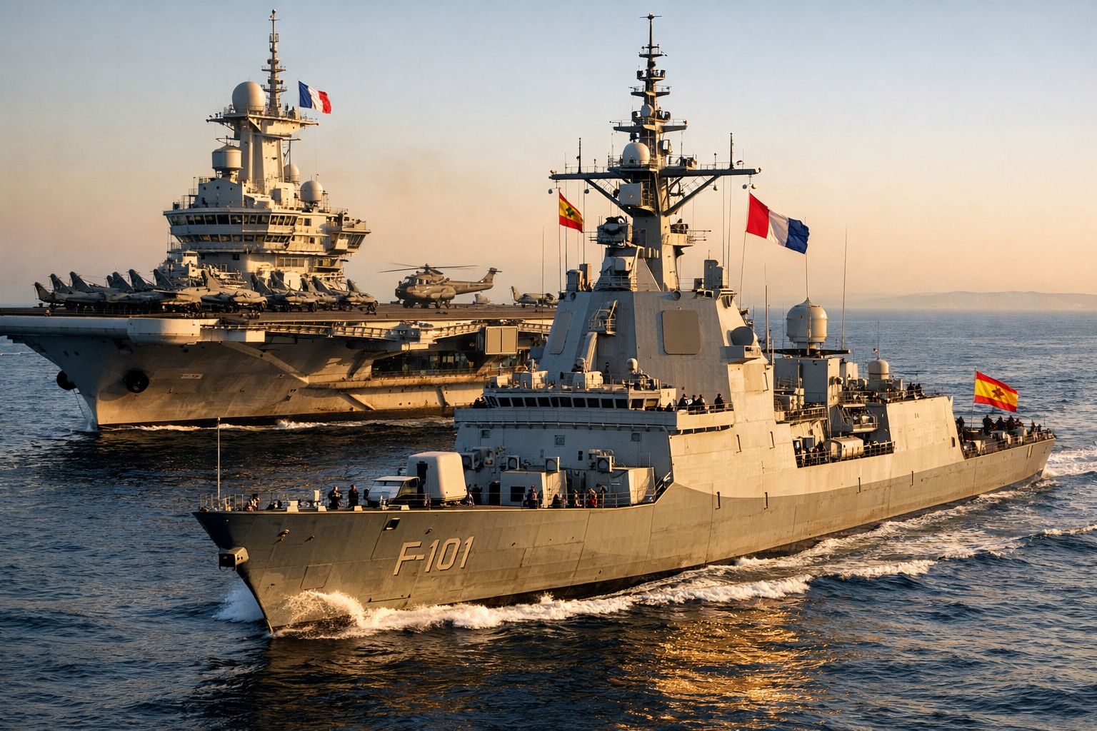 Porta-aviões e fragata militar espanhola navegando juntas no mar ao entardecer.