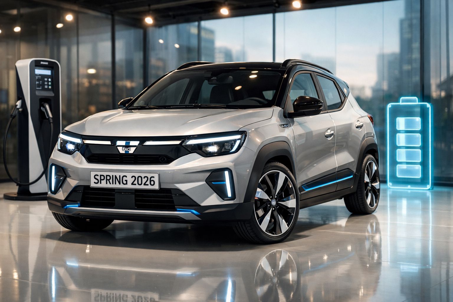 Automóvel elétrico cinzento Dacia Spring 2026 junto a estação de carregamento num ambiente urbano moderno.