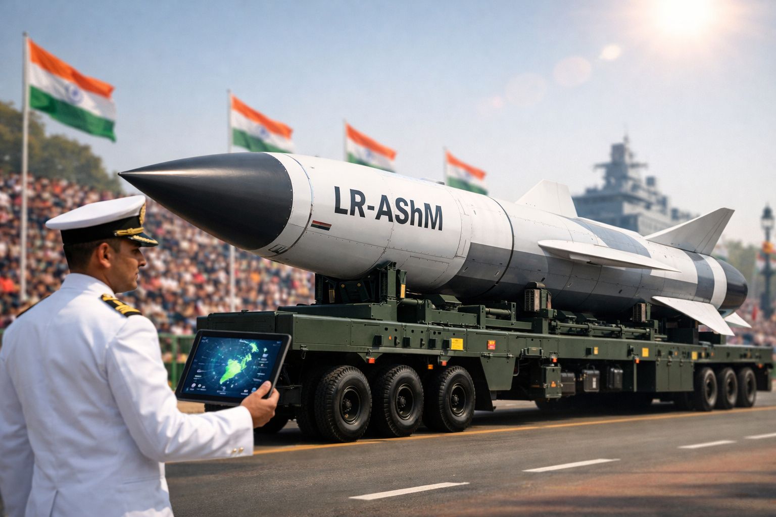 Militar indiano com tablet junto a míssil balístico montado em transporte rodoviário durante desfile.